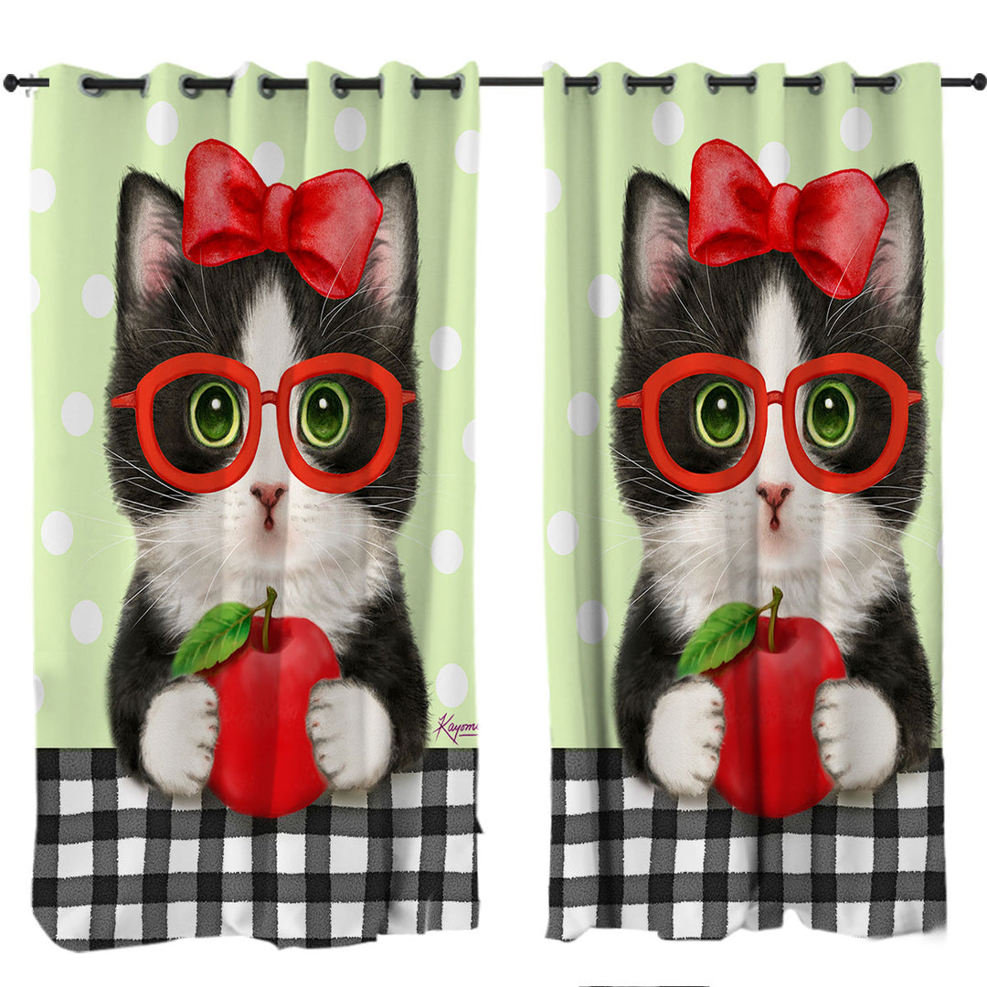Cute Funny Cats Tuxie with Apple and Glasses Curtains for Living Room