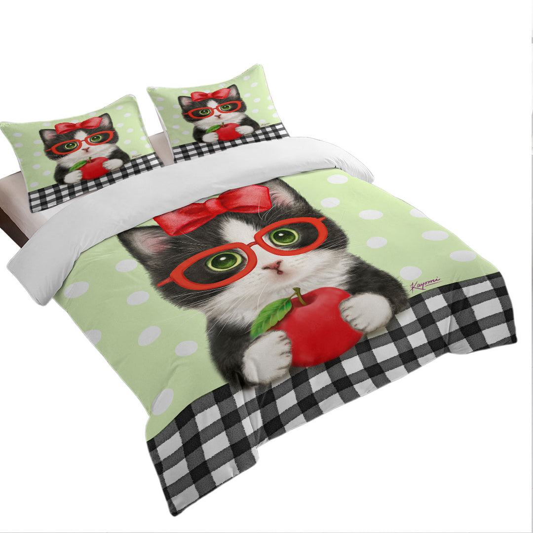Cute Funny Cats Tuxie with Apple and Glasses Duvet Covers
