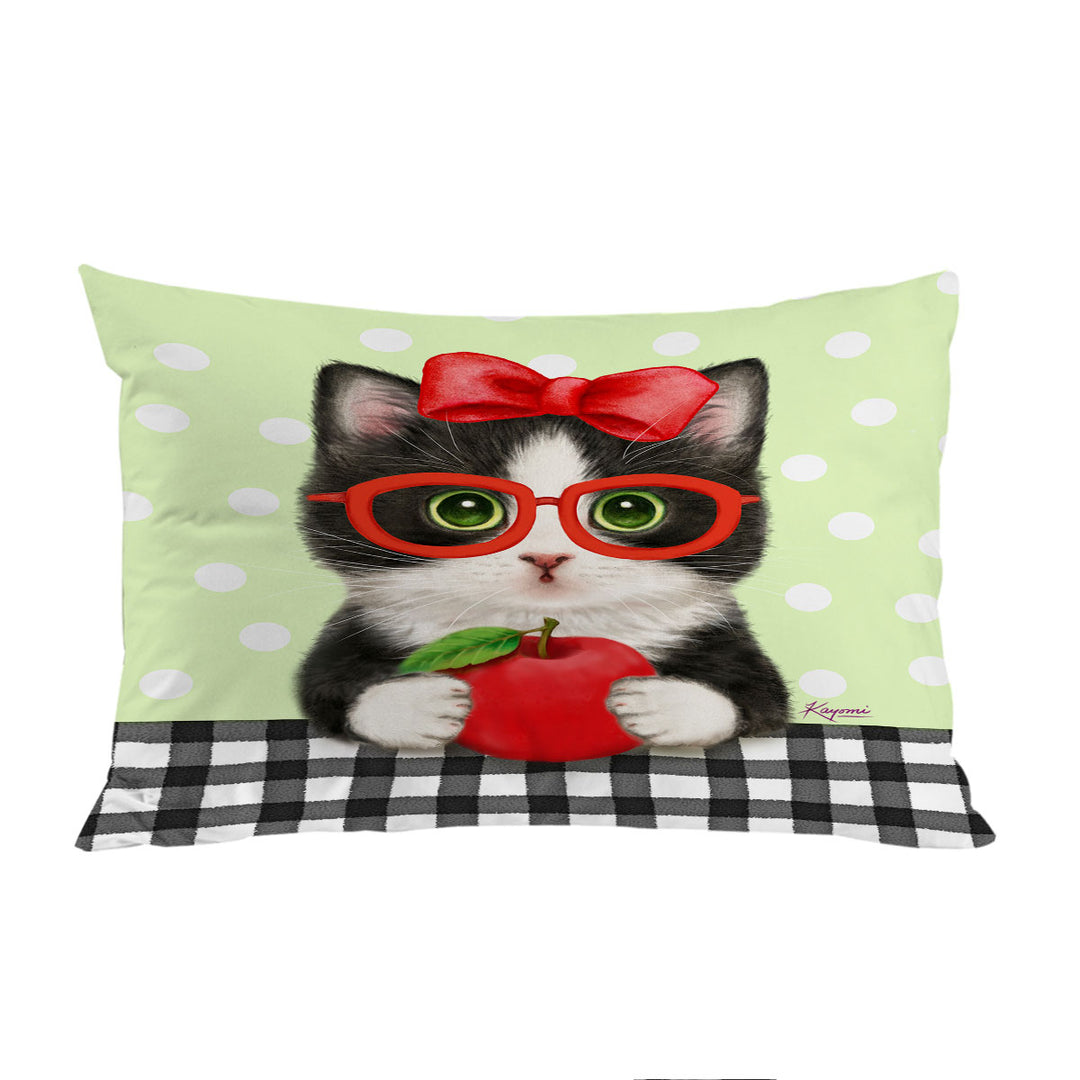 Cute Funny Cats Tuxie with Apple and Glasses Pillow Case Covers