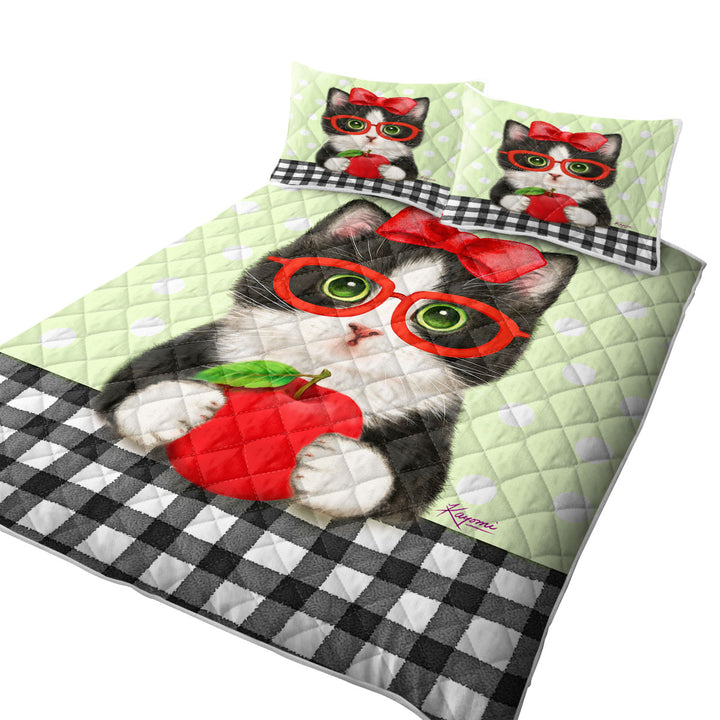 Cute Funny Cats Tuxie with Apple and Glasses Quilt