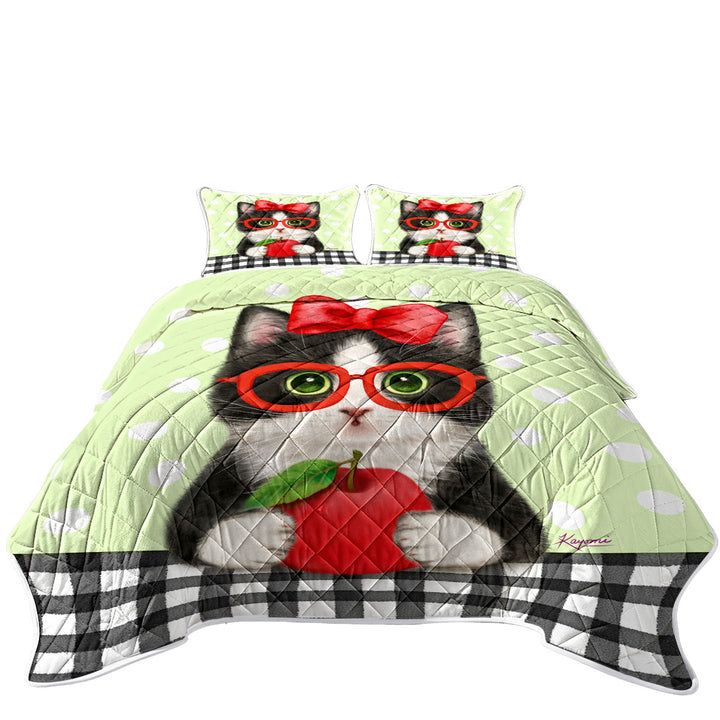 Cute Funny Cats Tuxie with Apple and Glasses Quilts