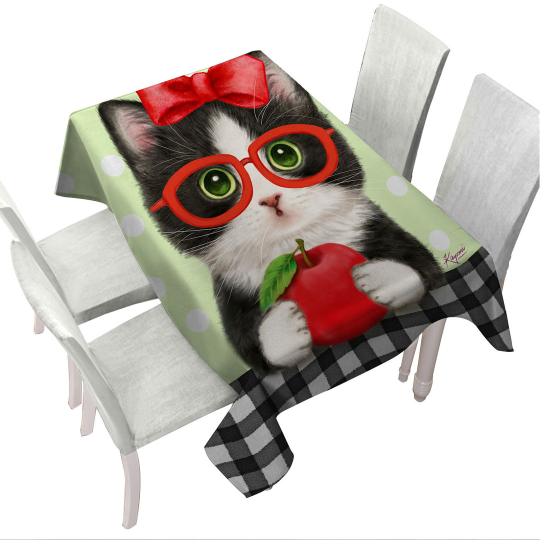 Cute Funny Cats Tuxie with Apple and Glasses Tablecloth