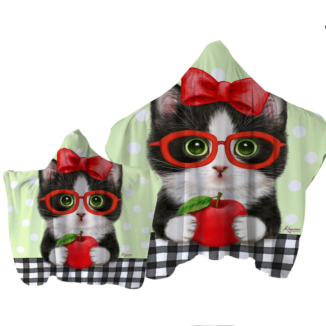 Cute Funny Cats Tuxie with Apple and Glasses Towel with Hood