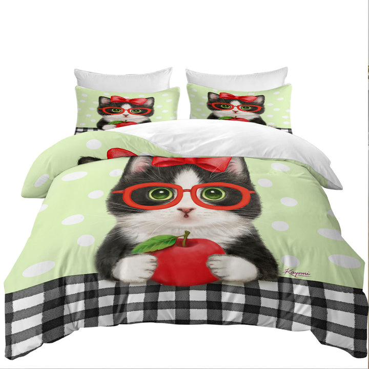 Cute Funny Cats Tuxie with Apple and Glasses full Size Duvet Cover