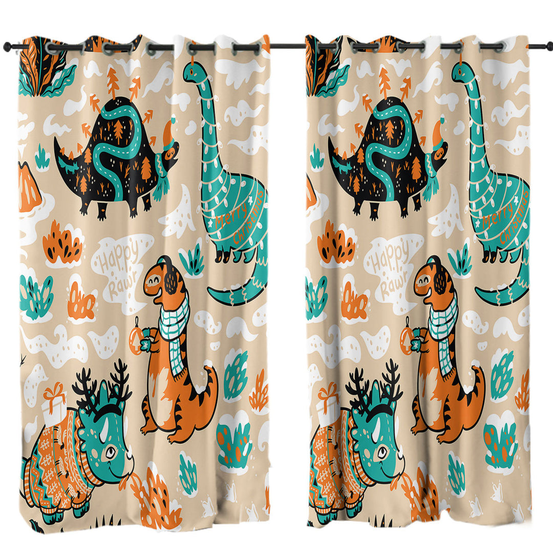 Cute Funny Wintry Dinosaurs Window Curtains