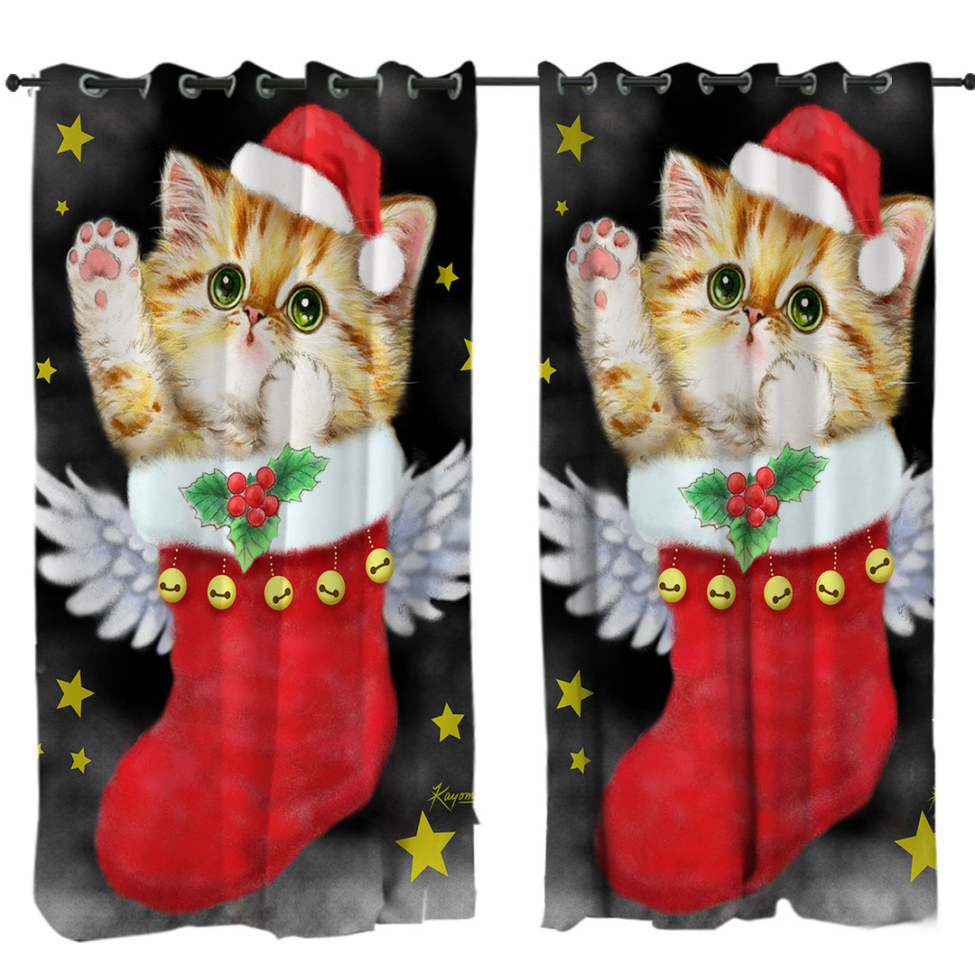 Cute Ginger Kitty in Red Angle Christmas Sock Custom Drapes
