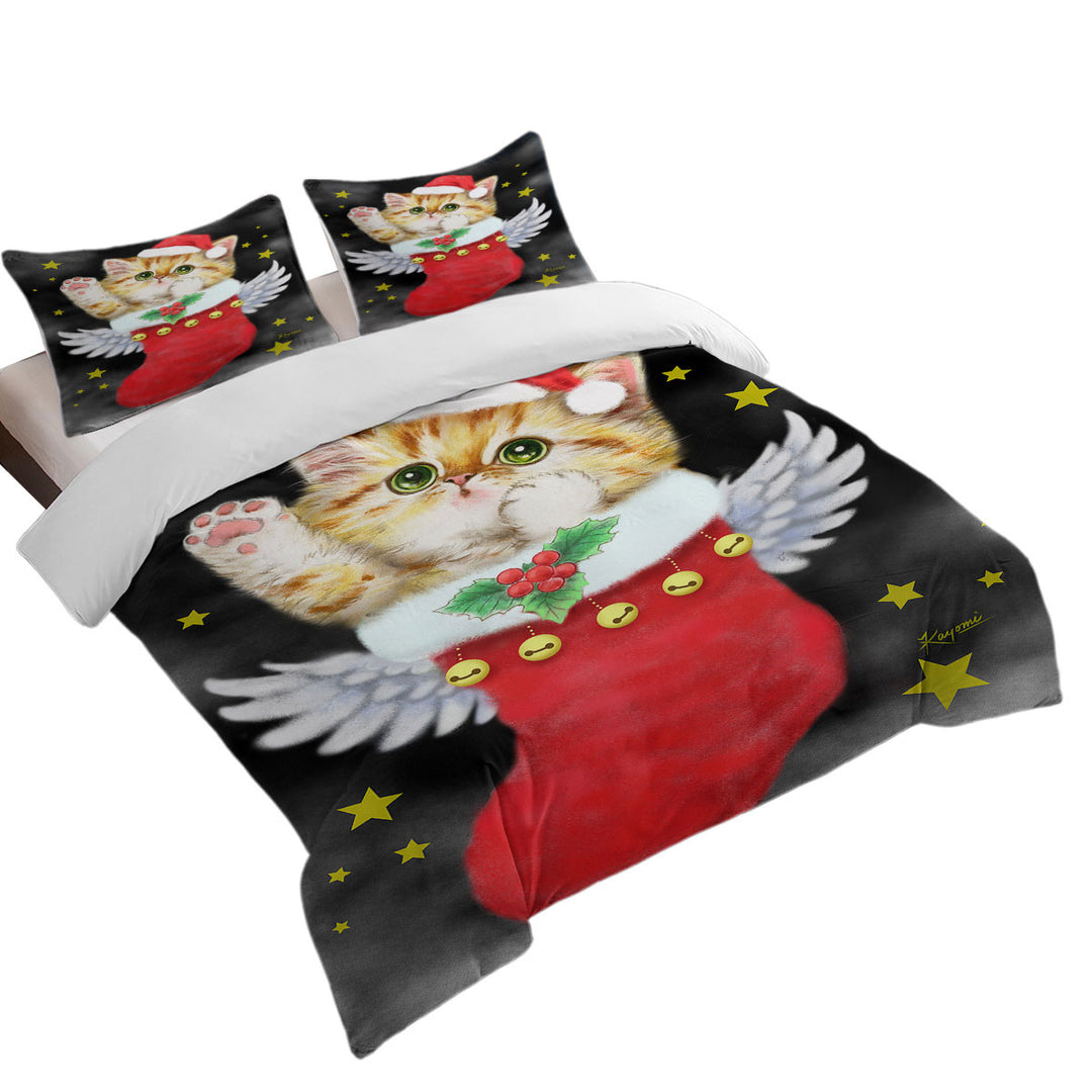 Cute Ginger Kitty in Red Angle Christmas Sock King Duvet Cover set