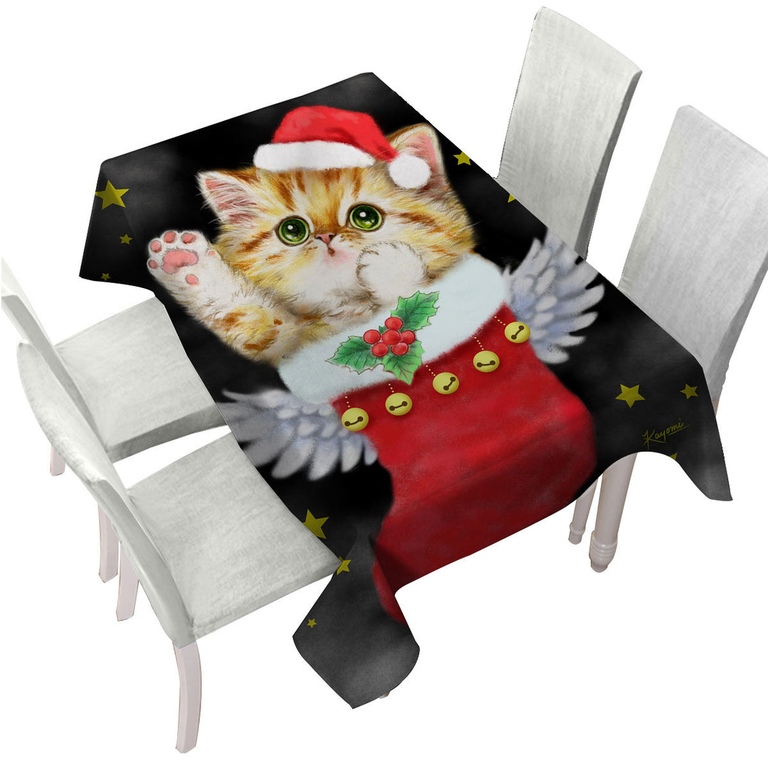 Cute Ginger Kitty in Red Angle Christmas Sock Tablecloth