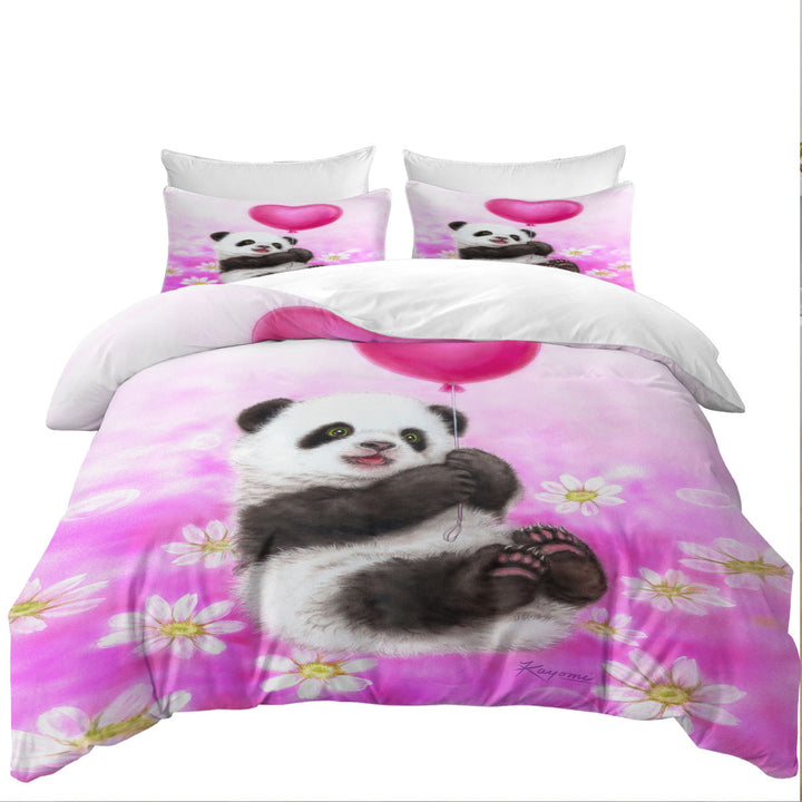 Cute Girls Design Flowers Heart Balloon and Panda Duvet Cover Queen