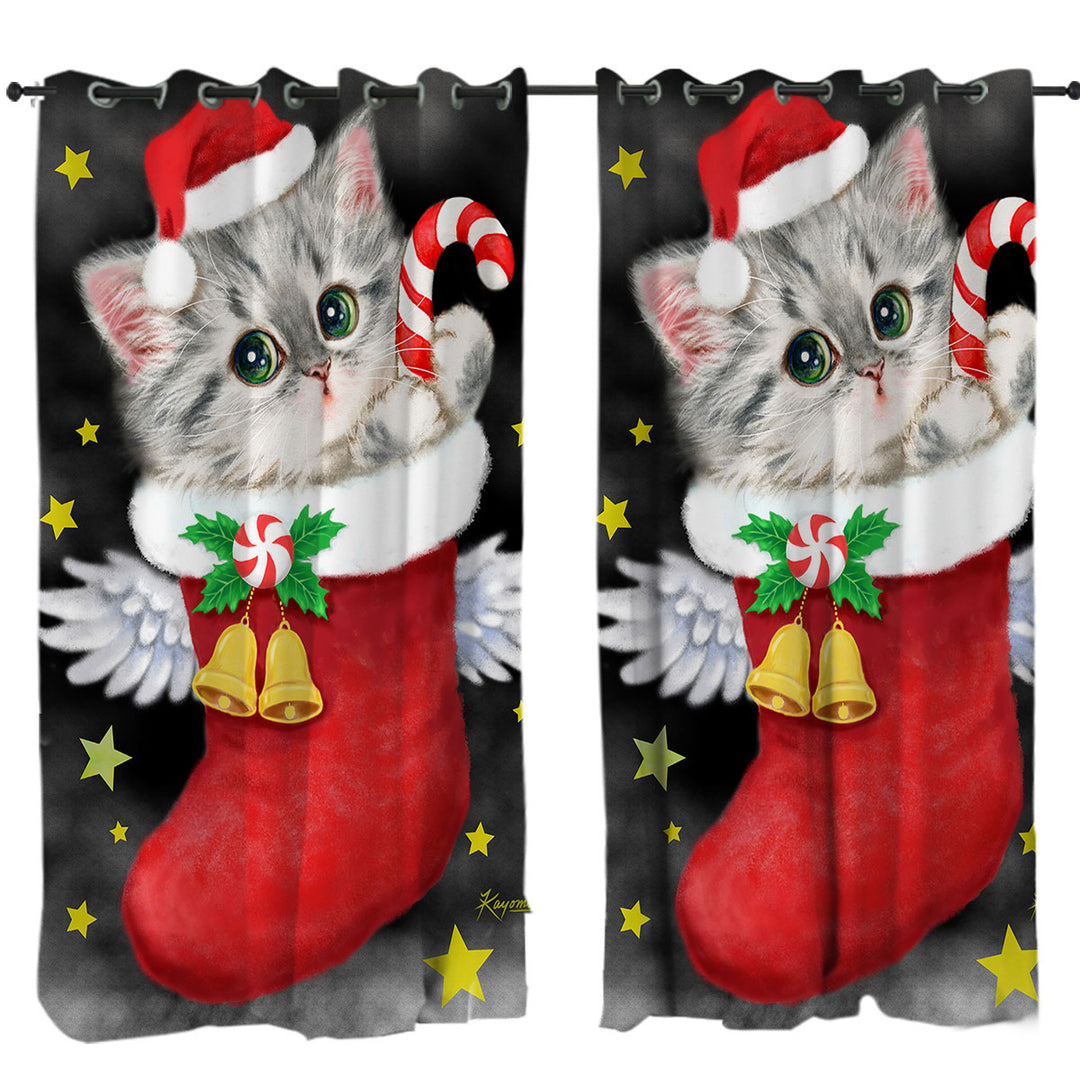 Cute Grey Kitty in Red Angle Christmas Sock Custom Curtains