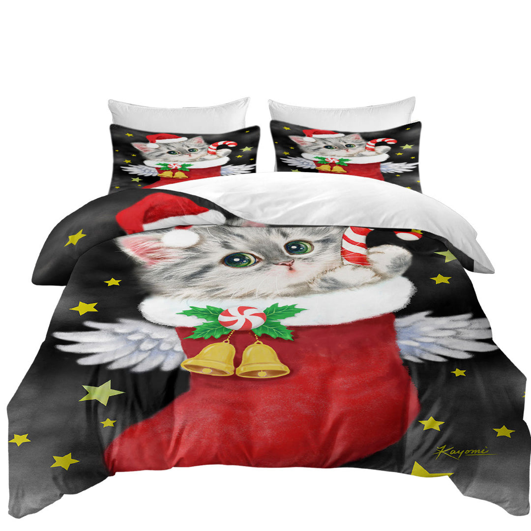 Cute Grey Kitty in Red Angle Christmas Sock King Duvet Cover set