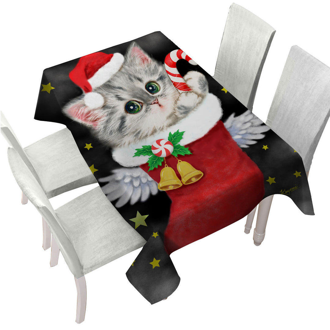Cute Grey Kitty in Red Angle Christmas Sock Tablecloths