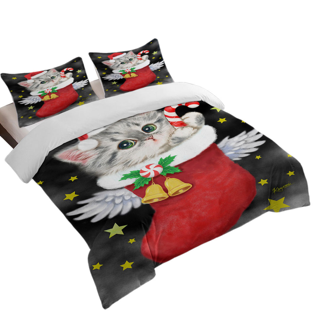 Cute Grey Kitty in Red Angle Christmas Sock full Size Duvet Cover