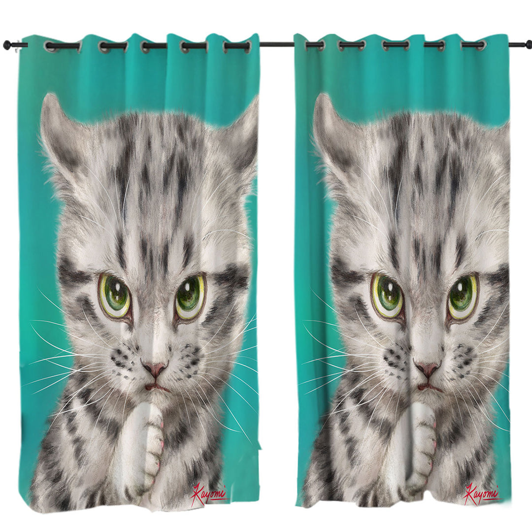 Cute Grey Striped Threatening Kitty Cat Made to Measure Curtains
