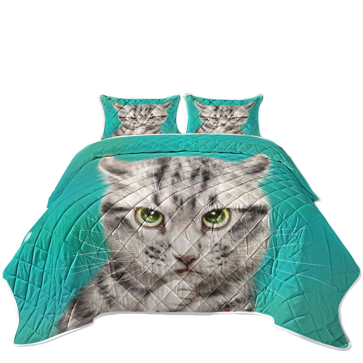 Cute Grey Striped Threatening Kitty Cat Quilts for Beds