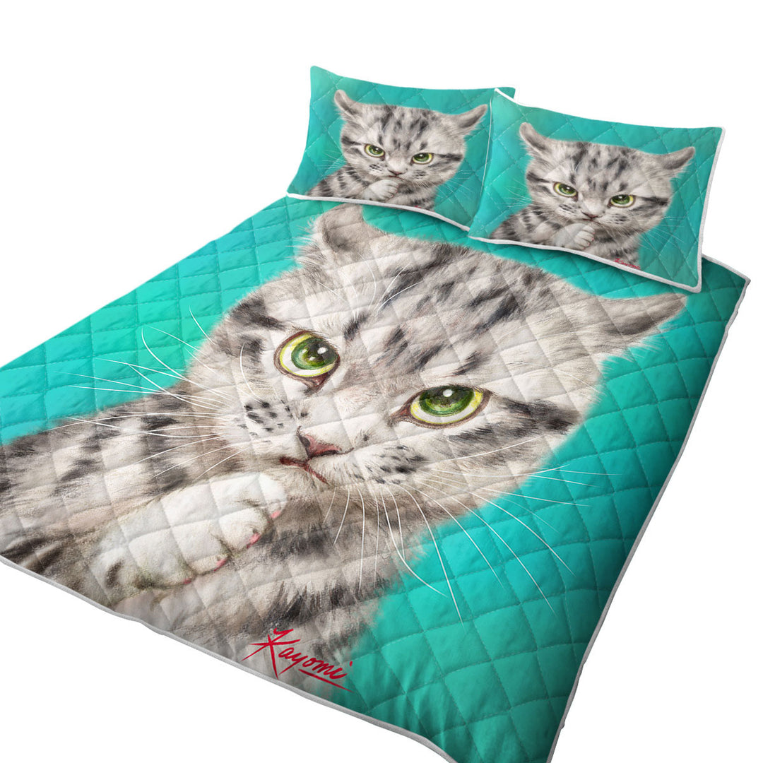 Cute Grey Striped Threatening Kitty Cat Quilts