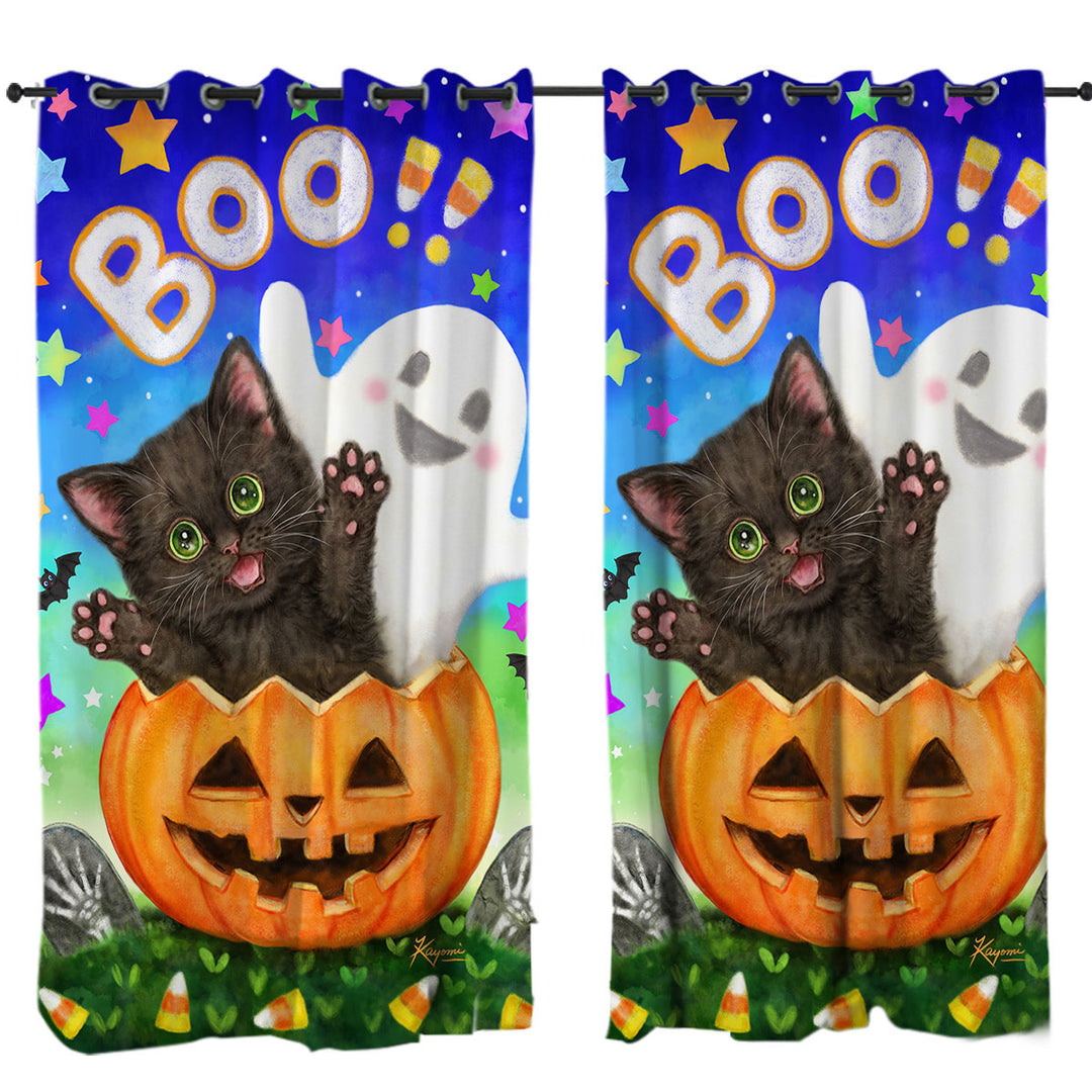 Cute Halloween Design Pumpkin Ghost and Cat Curtains for Bedroom