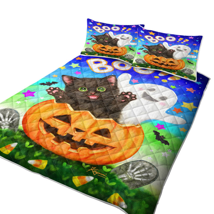 Cute Halloween Design Pumpkin Ghost and Cat King Quilt