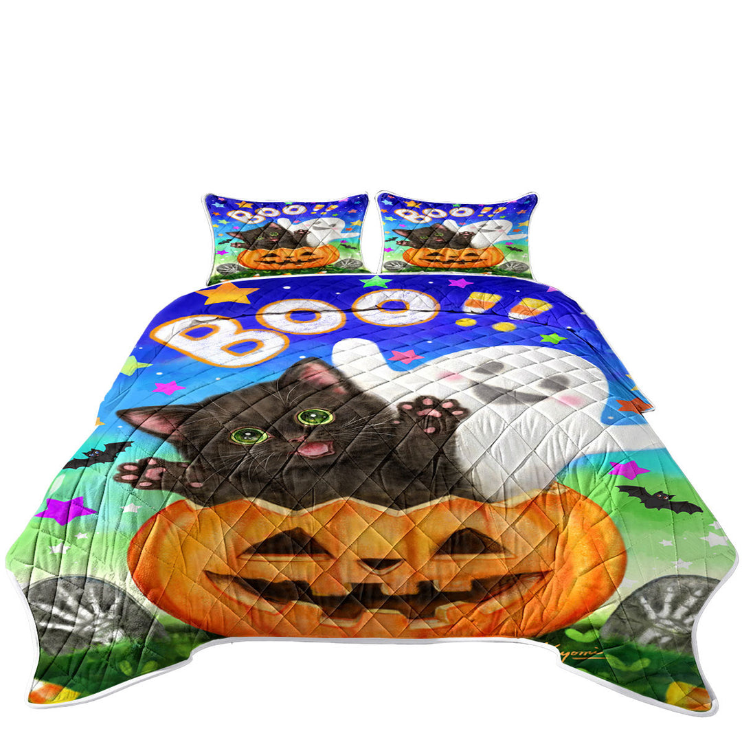 Cute Halloween Design Pumpkin Ghost and Cat King Size Bedspreads