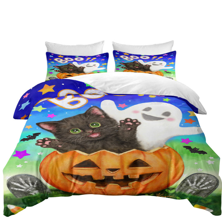 Cute Halloween Design Pumpkin Ghost and Cat Queen Size Duvet Cover