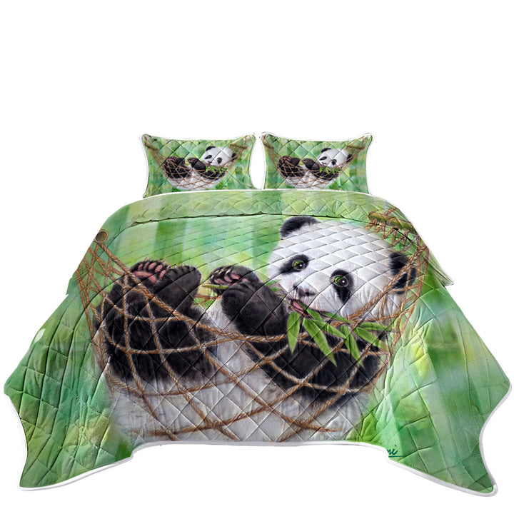 Cute Hammock Panda and Green Bamboo Leaves California King Quilt Sets