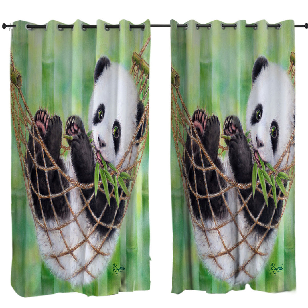Cute Hammock Panda and Green Bamboo Leaves Curtains for Bedroom