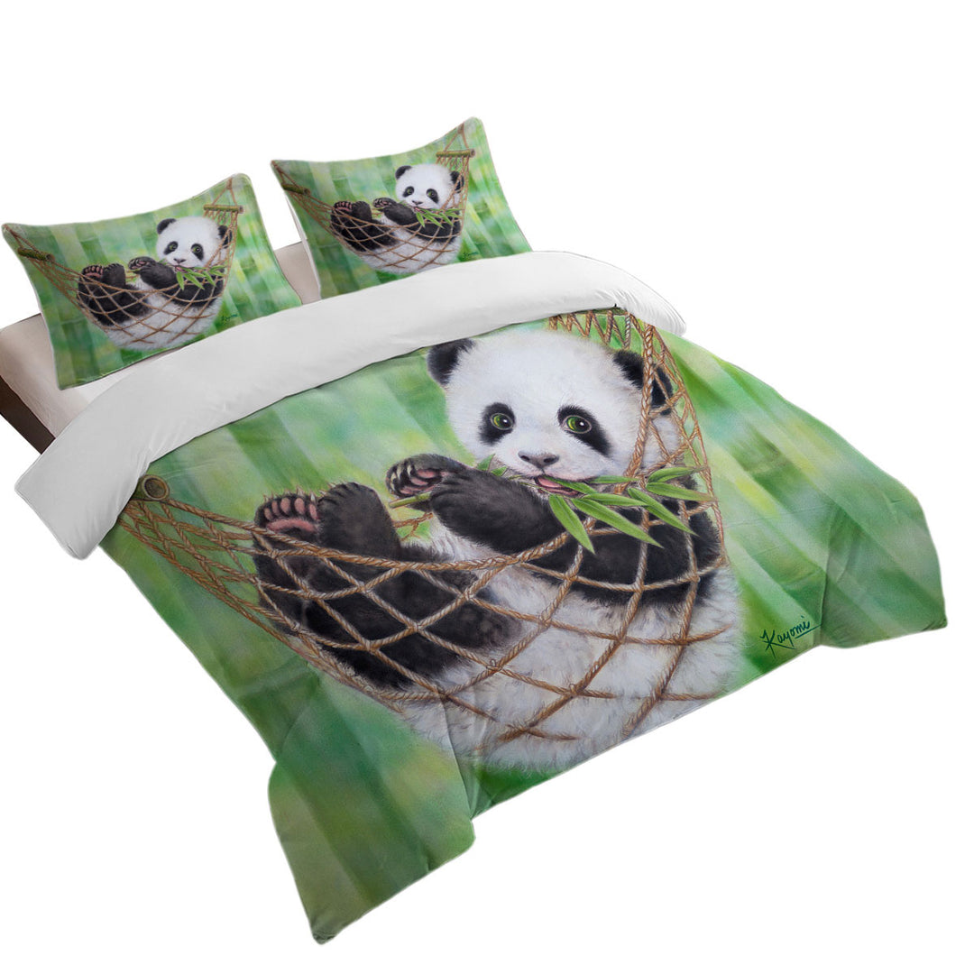 Cute Hammock Panda and Green Bamboo Leaves Duvet Cover set