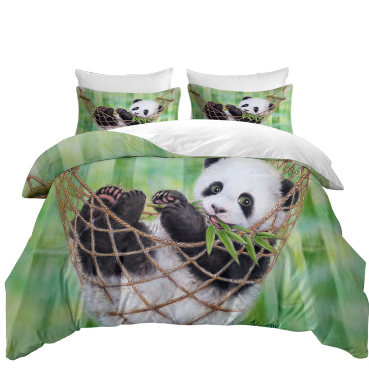 Cute Hammock Panda and Green Bamboo Leaves Duvet Covers