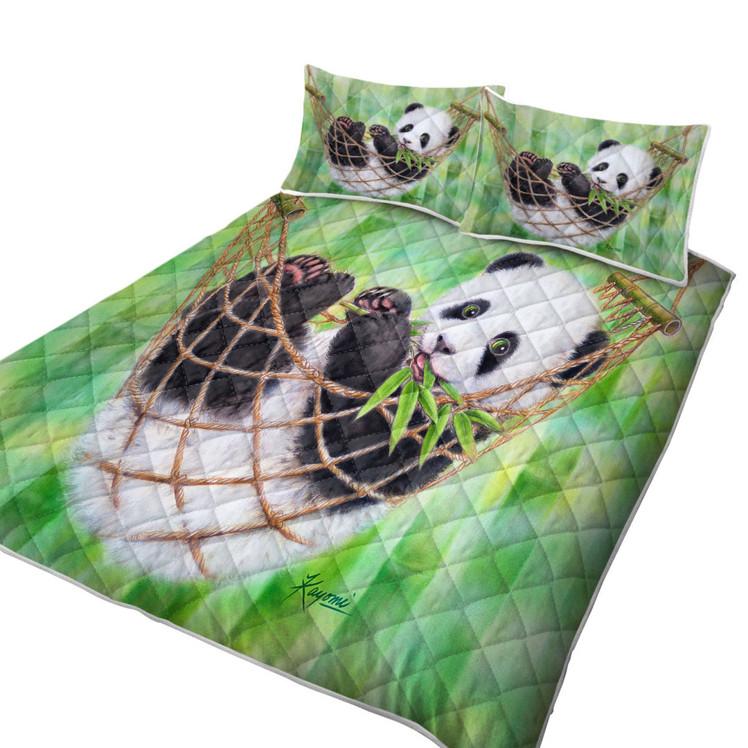 Cute Hammock Panda and Green Bamboo Leaves King Size Quilt Sets