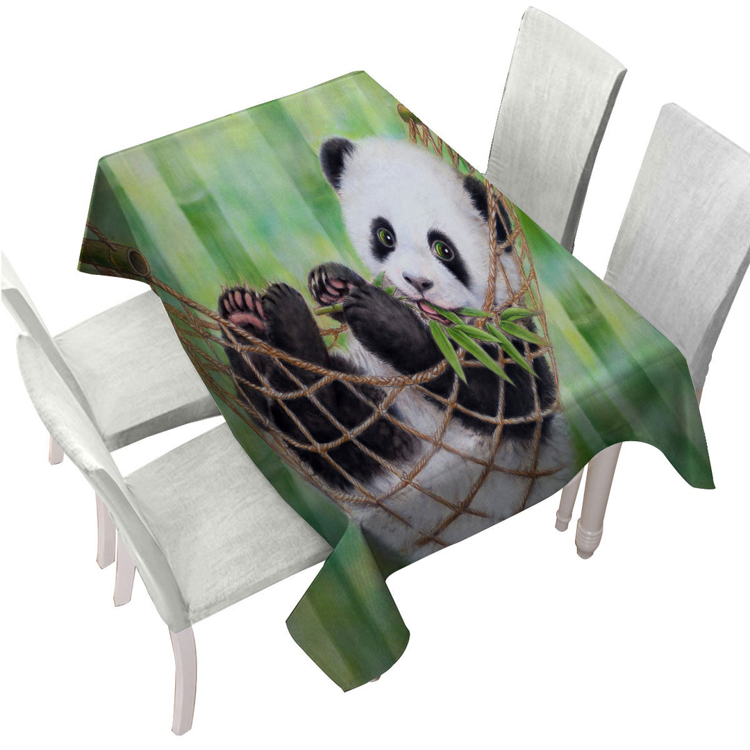 Cute Hammock Panda and Green Bamboo Leaves Tablecloths