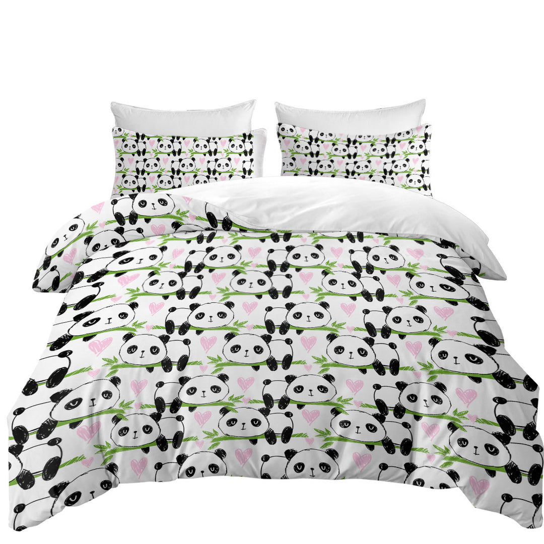 Cute Heart and Panda Drawings Queen Size Duvet Cover