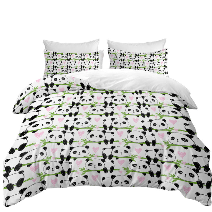 Cute Heart and Panda Drawings Queen Size Duvet Cover