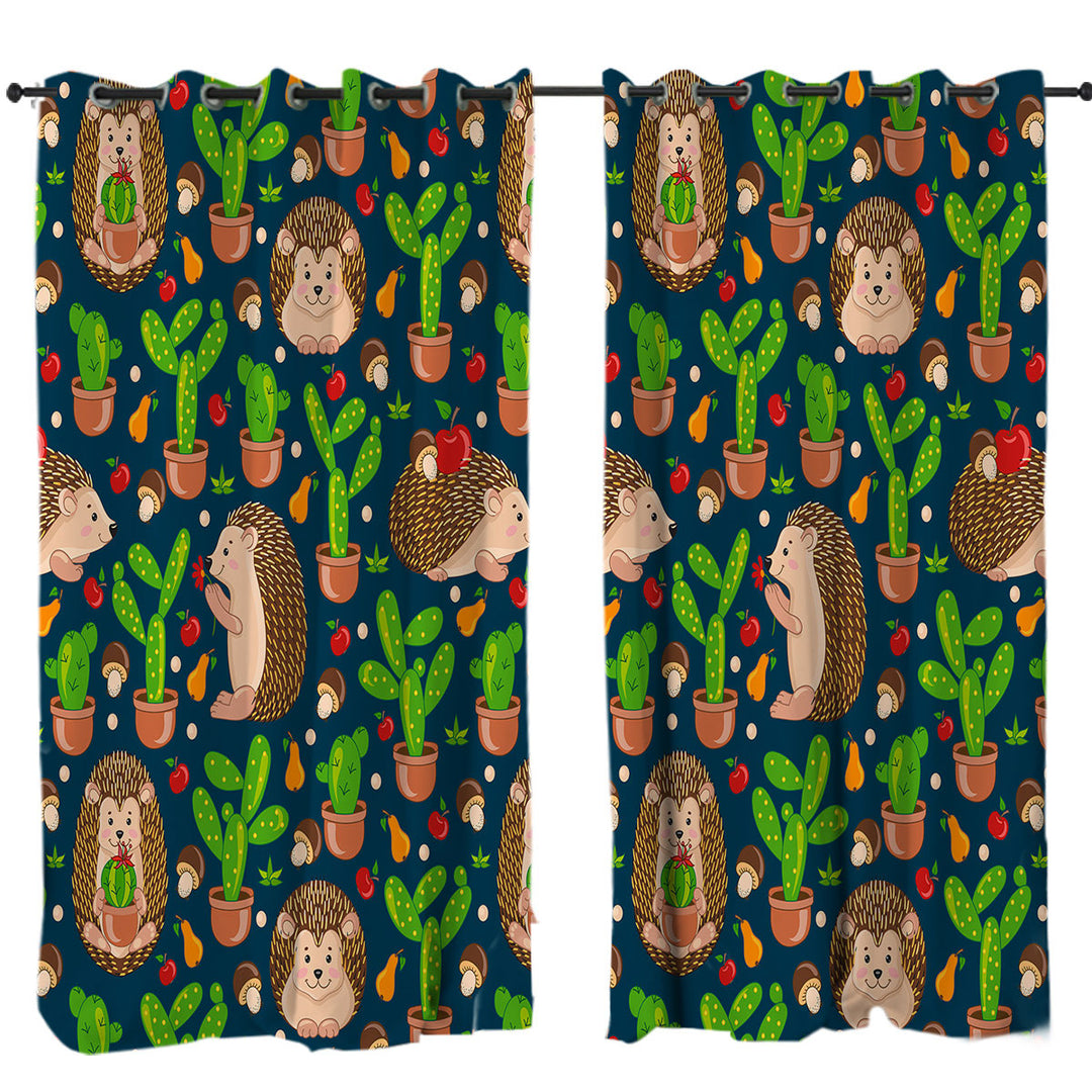 Cute Hedgehog and Cactus Curtain