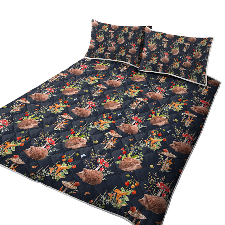 Cute Hedgehog in a Mushroom Garden Quilt