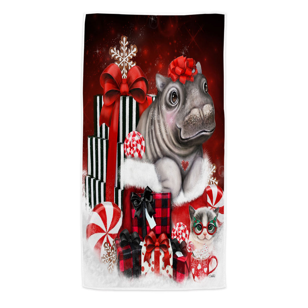 Cute Hippo Christmas Surprise Pool Towels