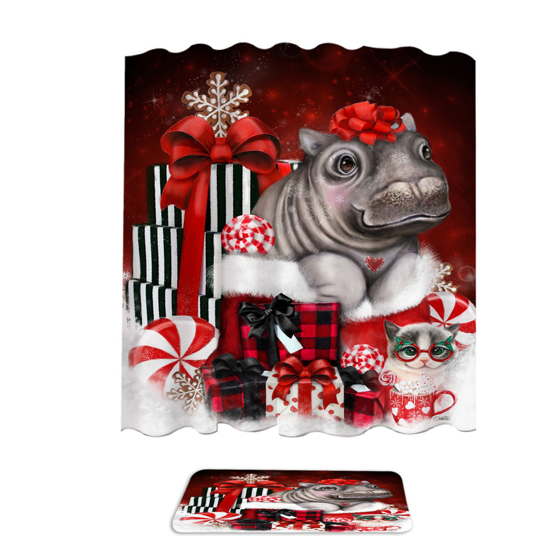 Cute Hippo Christmas Surprise Shower Curtains