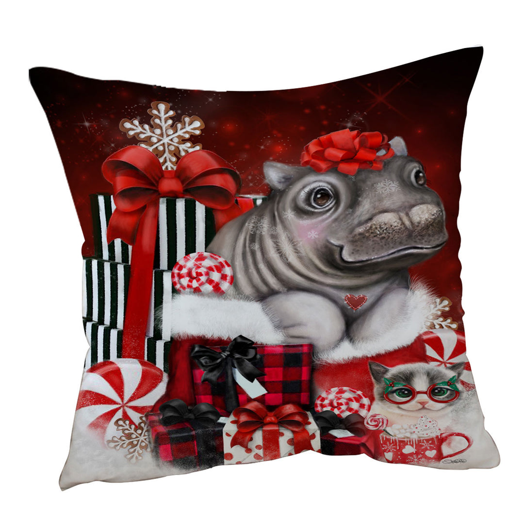 Cute Hippo Christmas Surprise Throw Pillows