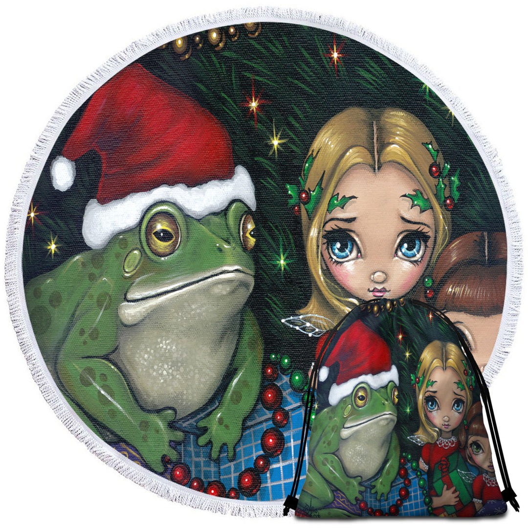 Cute Holiday Christmas Circle Beach Towel Painting Girls and Santa Frog