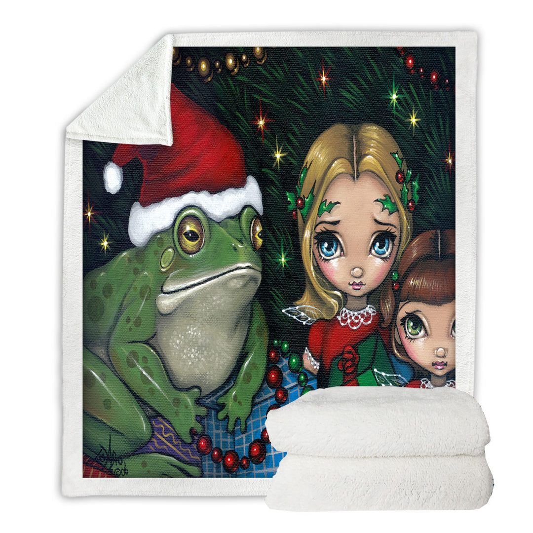 Cute Holiday Christmas Decorative Blankets Painting Girls and Santa Frog