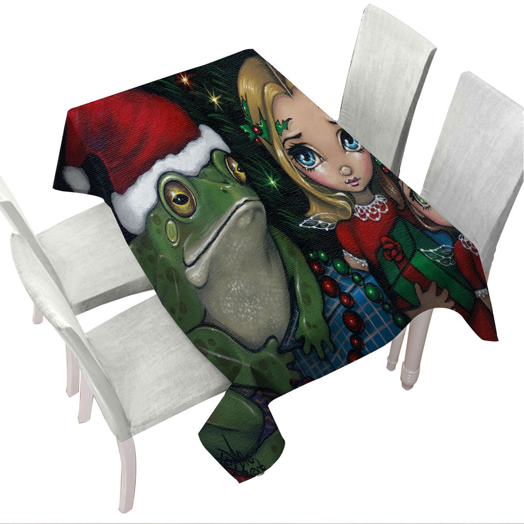 Cute Holiday Christmas Painting Girls and Santa Frog Tablecloth