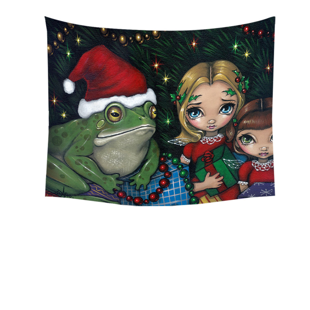 Cute Holiday Christmas Wall Decor Tapestry Painting Girls and Santa Frog