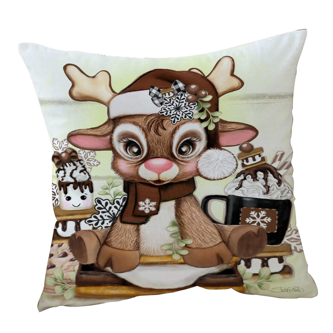 Cute Hot Chocolate and Smores Reindeer Cushion Cover
