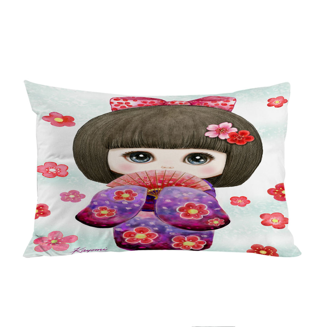 Cute Japanese Girl Wearing Kimono and Folding Fan King Pillow Cases