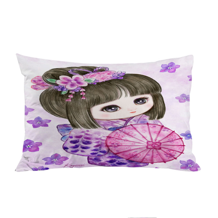 Cute Japanese Girl Wearing Purple Kimono Pillowcase
