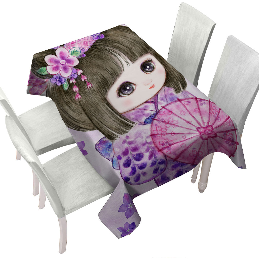 Cute Japanese Girl Wearing Purple Kimono Tablecloth