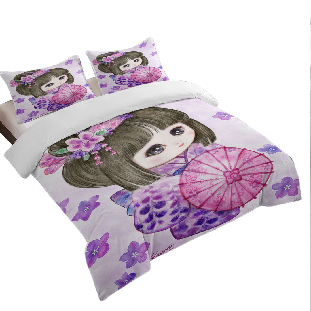 Cute Japanese Girl Wearing Purple Kimono Twin Duvet Covers