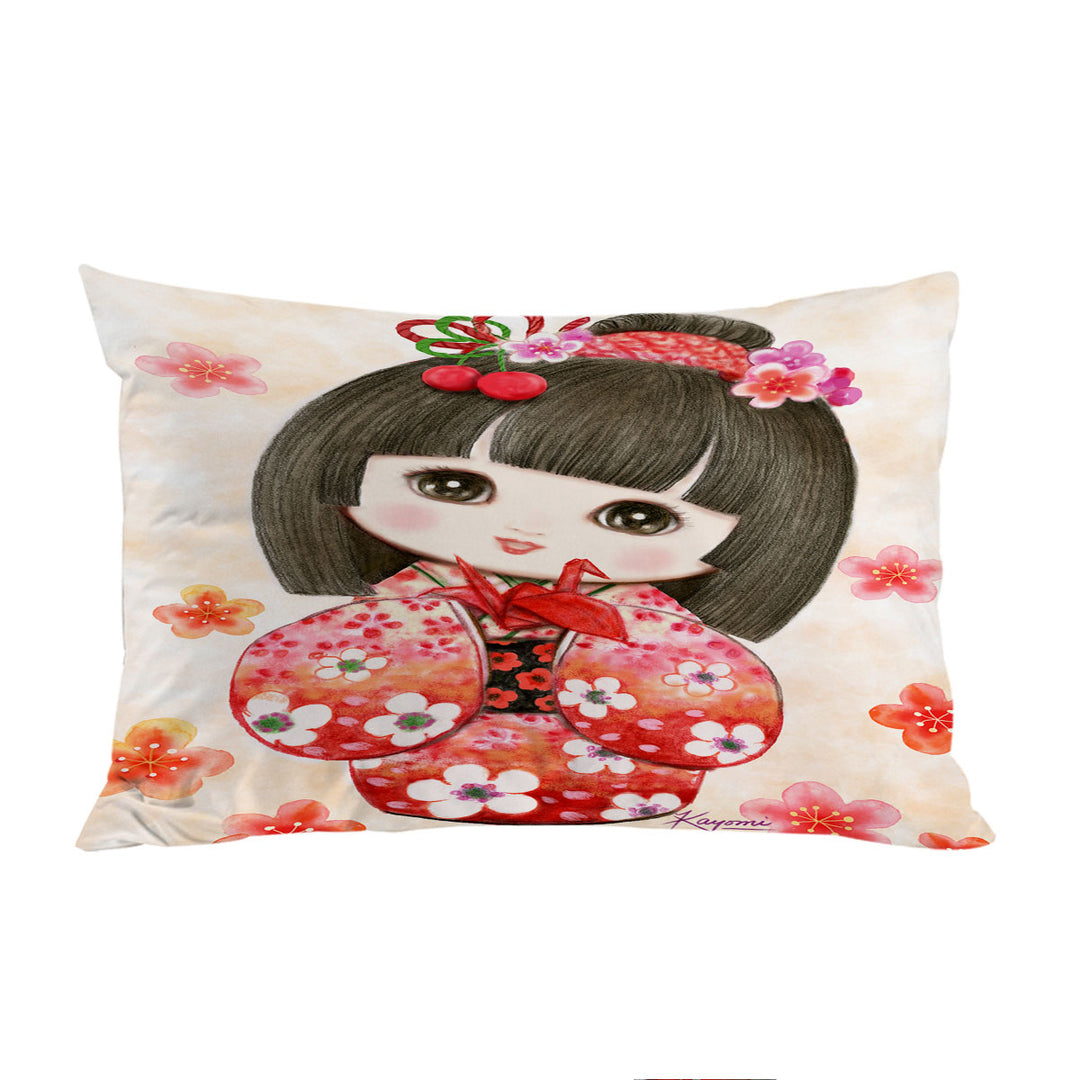 Cute Japanese Girl Wearing Red Kimono Pillow Cases