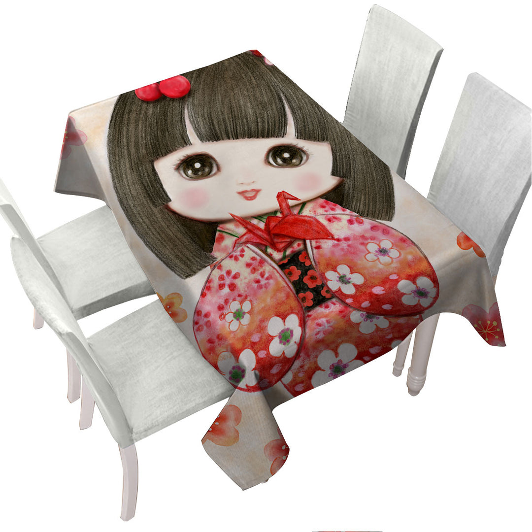 Cute Japanese Girl Wearing Red Kimono Tablecloths