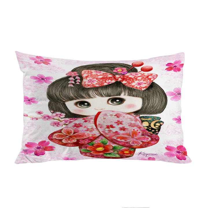 Cute Japanese Kimono Cherry Flowers Girl Pillow Case Covers
