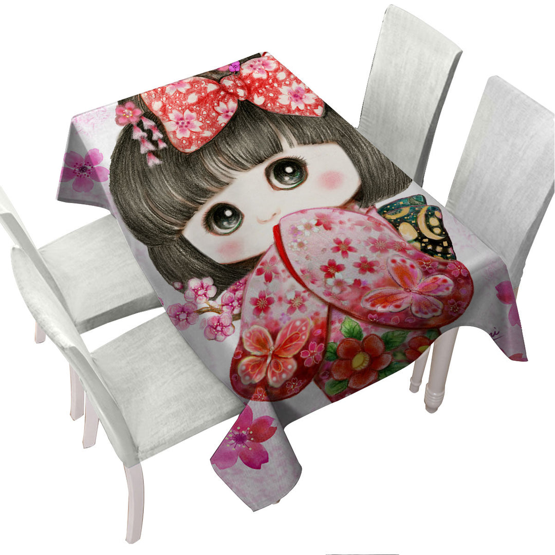 Cute Japanese Kimono Cherry Flowers Girl Tablecloths